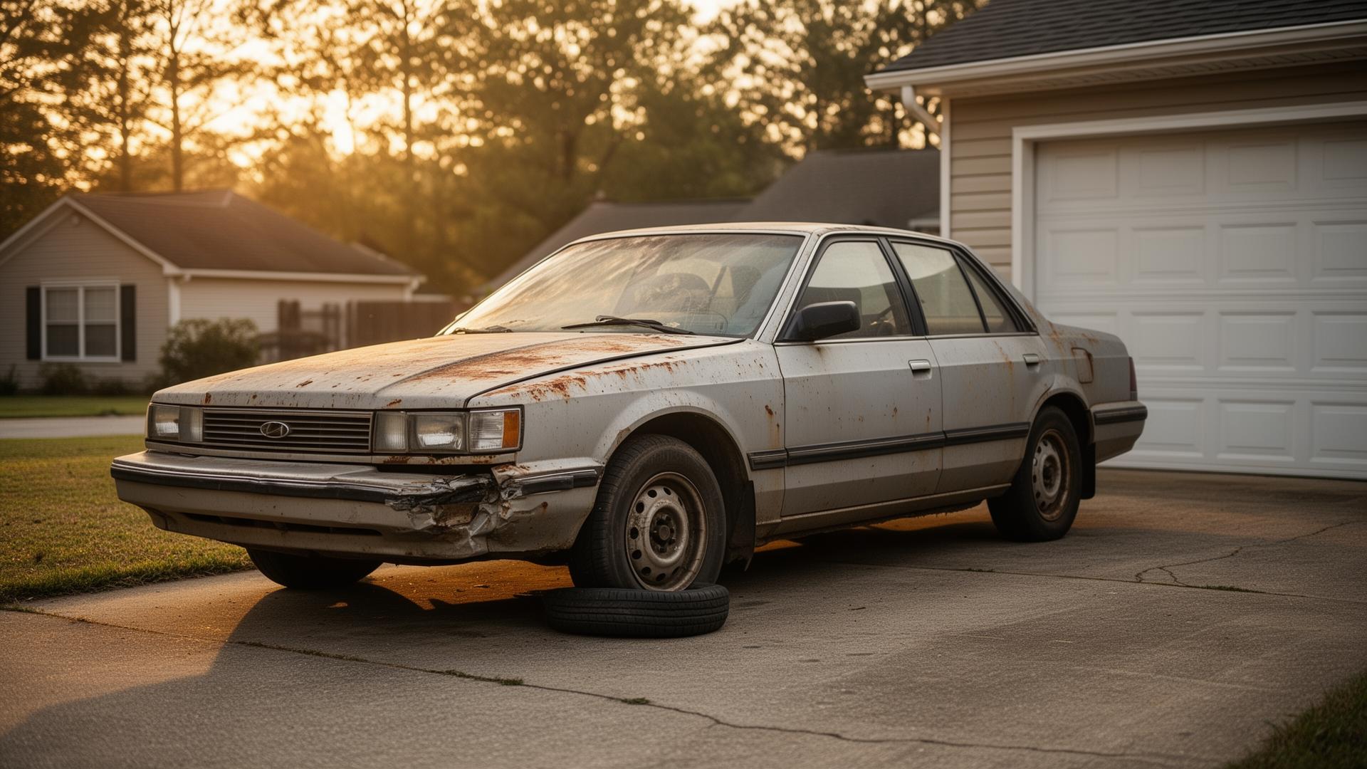 Old damaged sedan parked in a Charlotte driveway, ready for junk car pickup